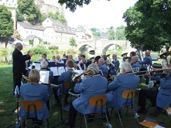 The Band play for the open air church service on the Lahn island