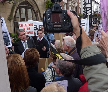 Transport Minister Philip Hammond meets HS2 protestors outside the Guildhall