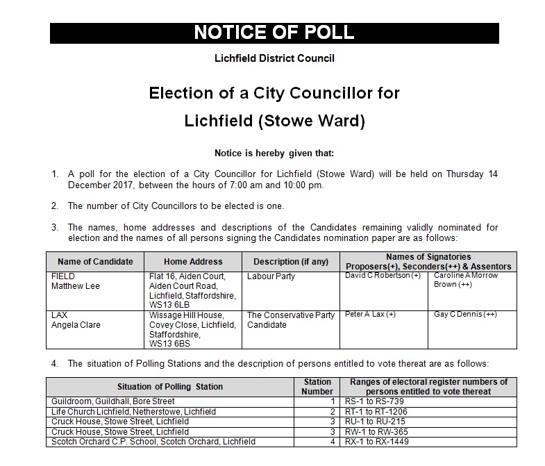 Notice of Poll for Stowe Ward
