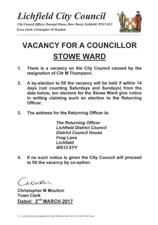 Vacancy for Stowe Ward Councillor