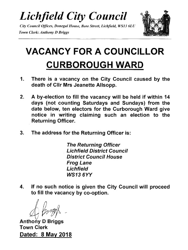 Vacancy for Curborough ward councillor