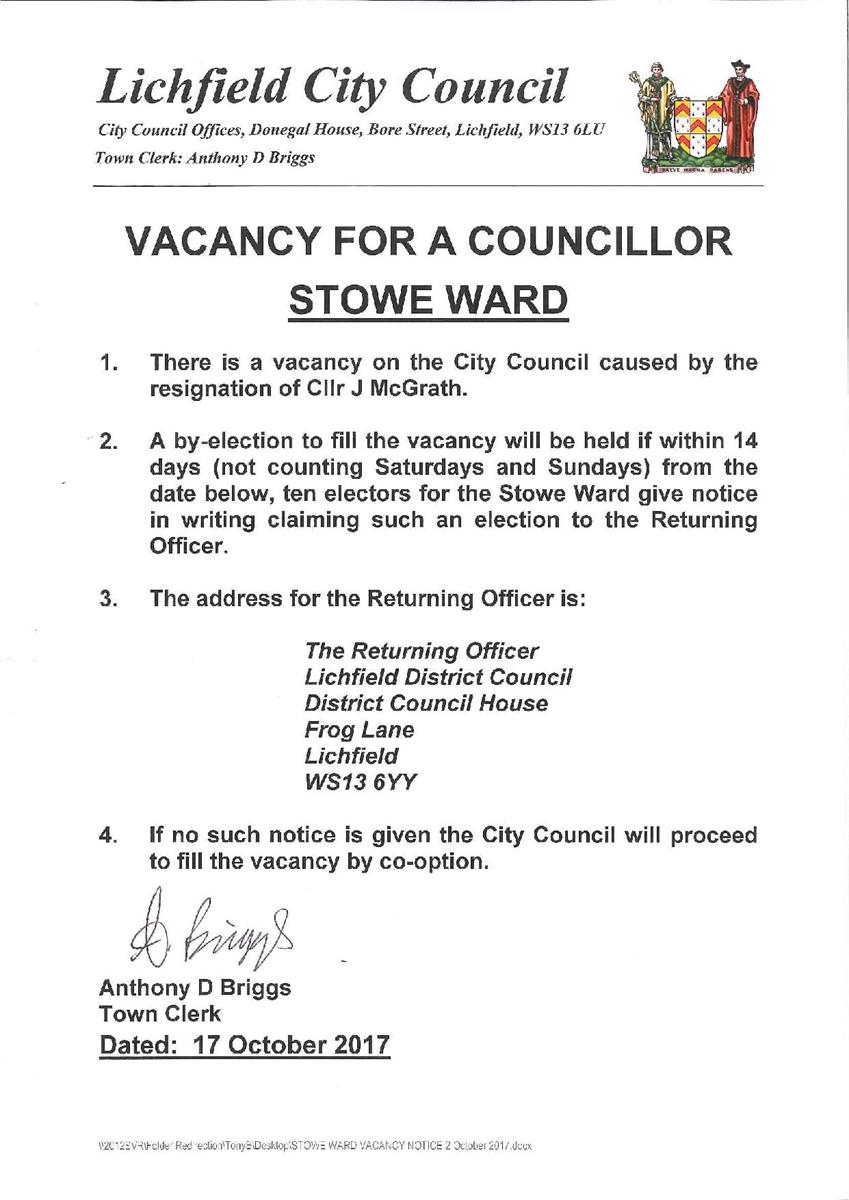 Vacancy for Stowe Ward Councillor